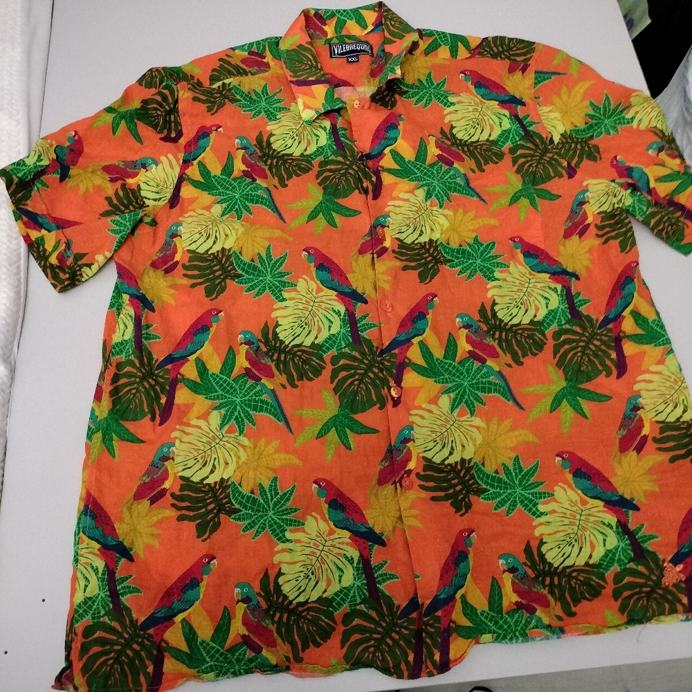 RARE $268 Vilebrequin Shirt Mens XXL Multicolor Parrot Print Cttn/Linen Blend